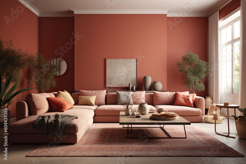 Cool room interior design in brown color with sofa. Ai generated © dragomirescu
