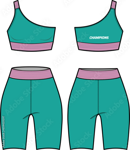 Women Running set with Sports one strap bra top and tights short Leggings active wear design flat sketch Illustration suitable for girls and Ladies. Two piece Swimming set for yoga, gym, and running