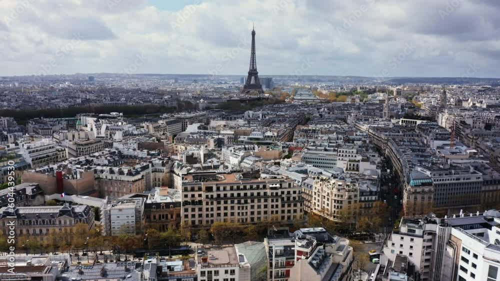 Aerial above Paris streets towards Eiffel Tower.
City skyline panorama Aerial above Paris streets towards Eiffel Tower.
City skyline panorama