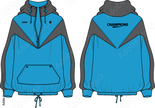 Women Long sleeve Anorak Hoodie jacket design flat sketch illustration, popover Hooded jacket with front and back view, windcheater winter jacket for girl and women. for hiking and workout in winter.