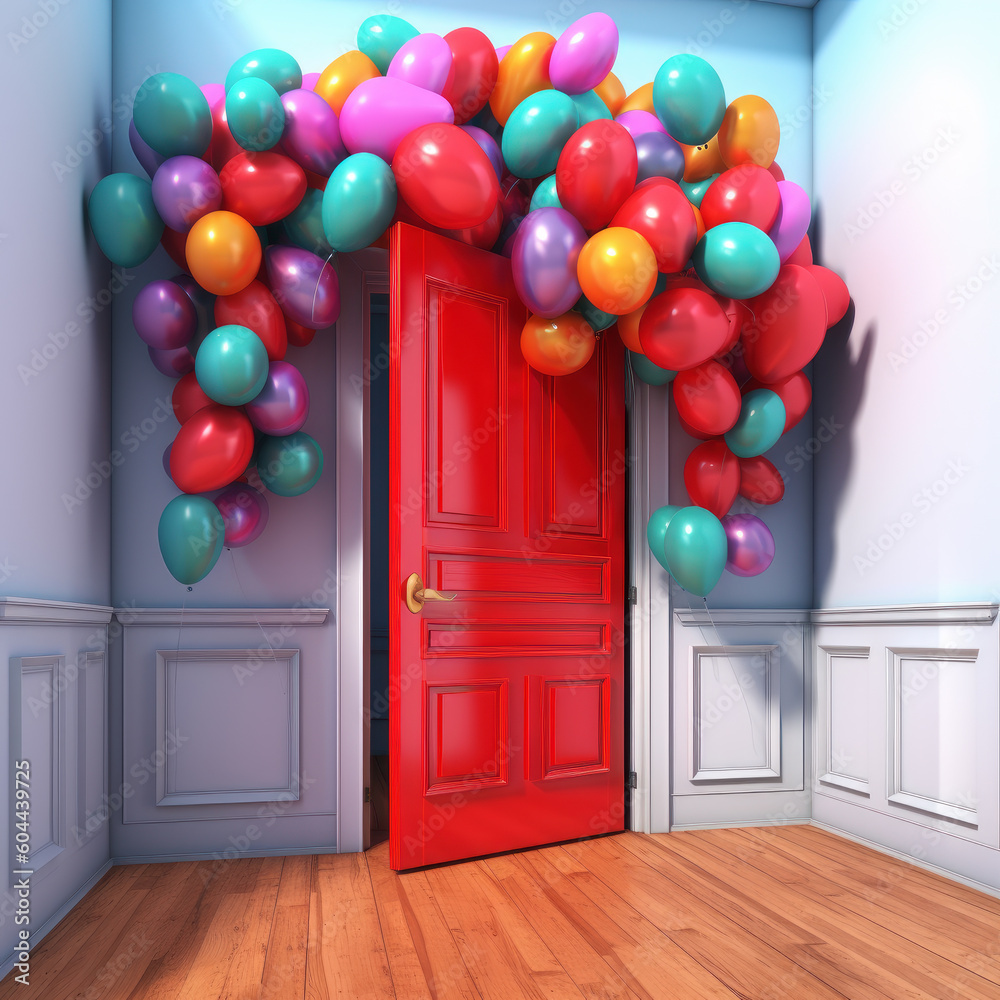 Fototapeta premium Red door with colorful balloons in the room. 3D rendering. Ai generative.