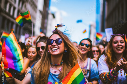 women at a pride parade with pride flags