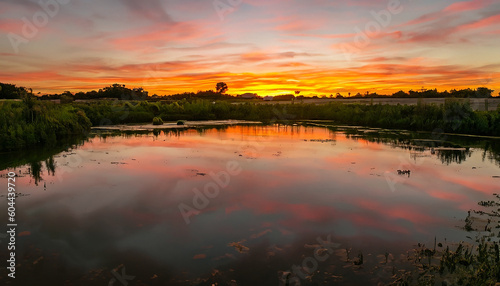   range sunset over a video game style pond