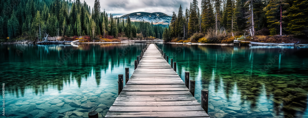 Very long Lake pier at evening with mountains on background. Reflection of the forest in the green water with blue cloudy sky.  panoramic landscape. Long Wooden Pier. 