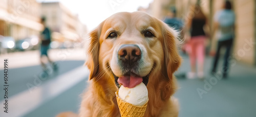 Cute golden retriever dog eating ice cream cone