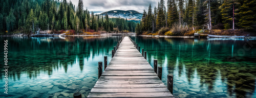 Very long Lake pier at evening with mountains on background. Reflection of the forest in the green water with blue cloudy sky. panoramic landscape. Long Wooden Pier. 