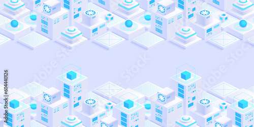 Vector isometric server room. Quantum computer. Cloud storage data center. Web hosting. Big data processing and computing technology. Large calculations on a supercomputer. Server farm communication.