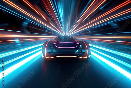 The car rushes at high speed through an endless neon technology tunnel. Futuristic concept.3d illustration. Generative AI © SimgeN