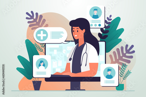 Professional doctor giving medical advice and prescriptions online, online doctor concept. Flat vector illustration