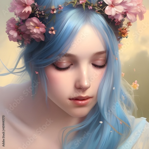 blue beautiful haired girl, front view, on a blue flower background with copy space, generative ai, beautiful floral girl ai generative, ai generative gorgeous women's, ai digital floral girls