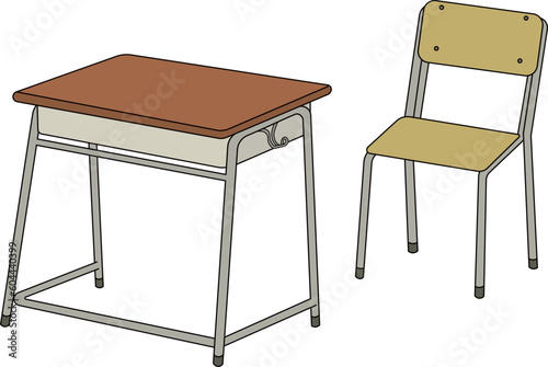シンプルな学校の机と椅子のイラストセット（主線あり）