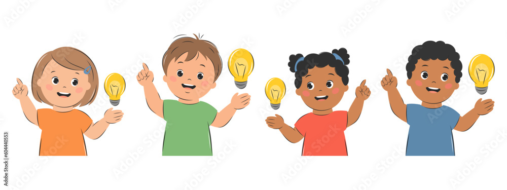Kids with an idea, with lightbulb. Cartoon characters girl and boy for children design. Knowledge, creative thinking and education concept. Vector illustration Kids with an idea, with lightbulb. Cartoon characters girl and boy for children design. Knowledge, creative thinking and education concept. Vector illustration