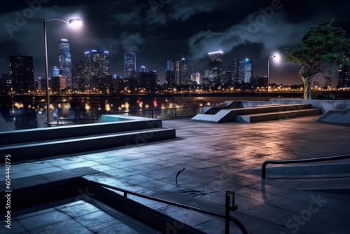 AI Generated Hyperrealism skatepark night view in the city background