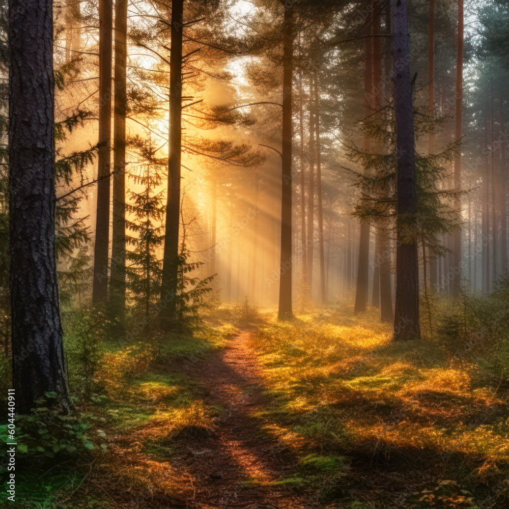 Fototapeta premium Foggy morning in the forest. Landscape with sunbeams. Ai generative.