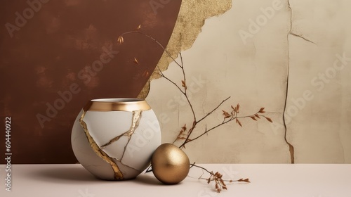 White and gold ceramic vase in kintsugi style. Generated with the use of an AI.