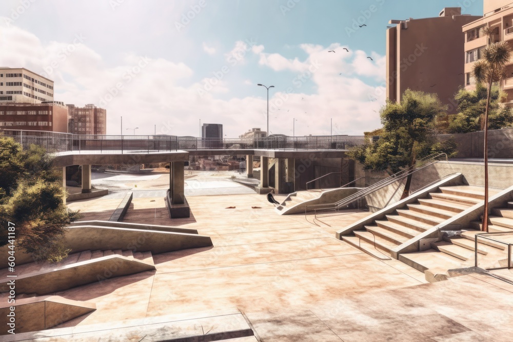 AI Generated Hyperrealism skatepark view in the city background