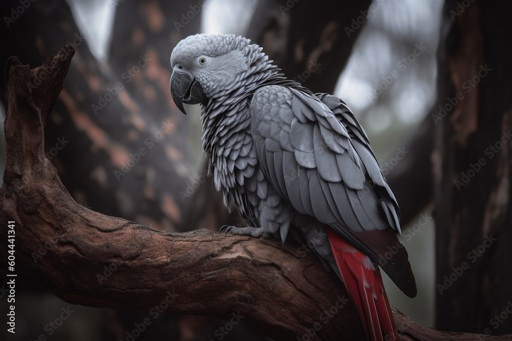 Fototapeta premium African grey parrot, sitting on a tree in front of approaching storm - Generative AI