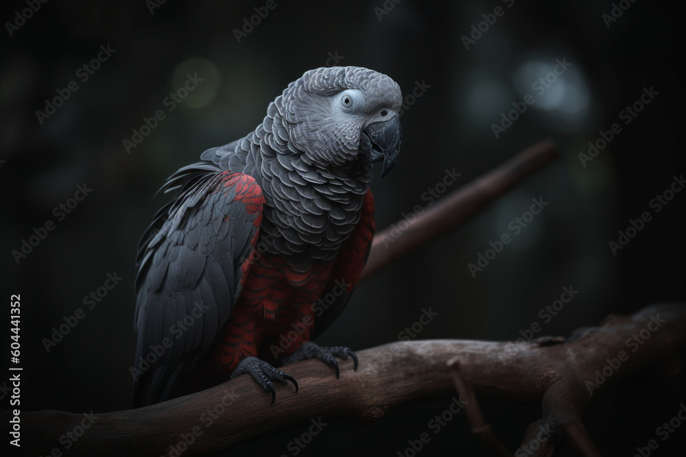 Fototapeta premium African grey parrot, sitting on a tree in front of approaching storm - Generative AI