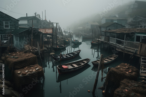 Small fishing village covered in dense fog representing overfishing - Generative AI