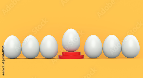 Farm white egg on podium and crowd of eggs standing in line on yellow background