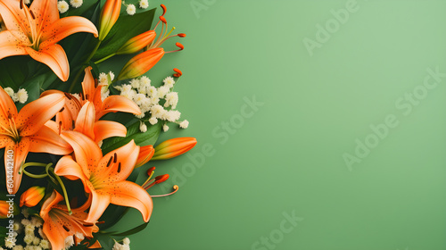 Orange Tiger Lilies on Citrus Green Background Top View in Flat Lay Style. Copyspace for Travel or Summer Sale Banner