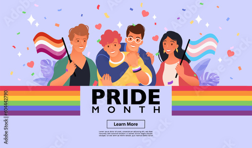 Website template background of diverse people celebrate PRIDE month supporting LGBTQIA history.