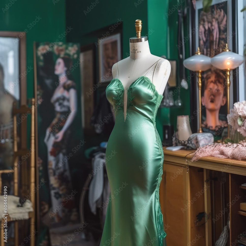 A green dress on a mannequin in an atelier. (Generative AI)