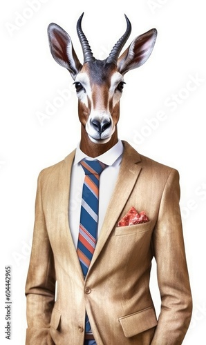 Impala dressed in a suit like a businessman  isolated on white  generative AI 