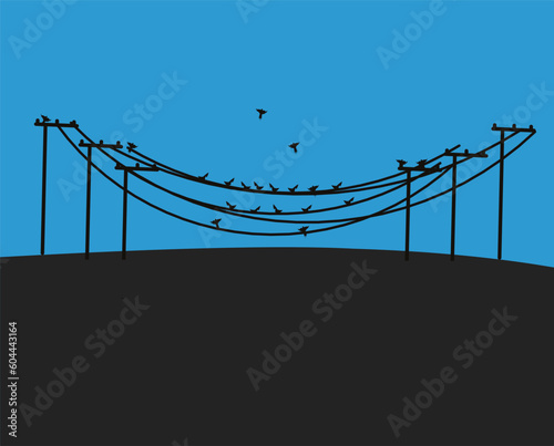 Vector silhouettes of birds roosting on telegraph wires