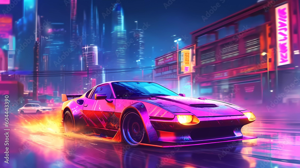 Car drifting action scene in the city at night concept art speed race , AI	
