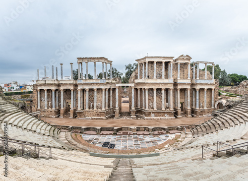 Wide-angle view of the Roman Theatre of Merida in Extremadura, Spain. Built in the years 16 to 15 BCE, it is still one of the most famous and visited landmarks in Spain.