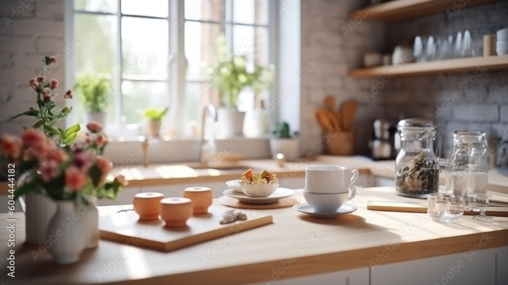 Fototapeta premium Kitchen wooden table top with breakfast at morning time. Scandinavian style vintage kitchen interior. Created with Generative AI