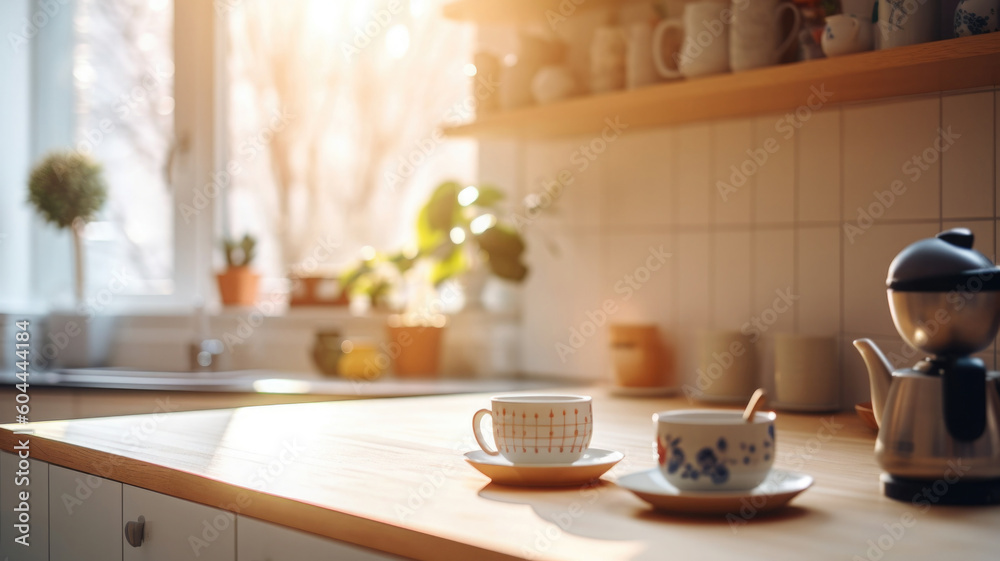 custom made wallpaper toronto digitalKitchen wooden table top with breakfast at morning time. Scandinavian style vintage kitchen interior. Created with Generative AI