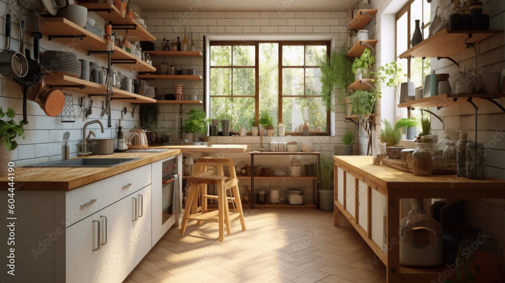 Stylish kitchen interior with morning light in large window, retro design. Cozy scandi style kitchen background. Created with Generative AI