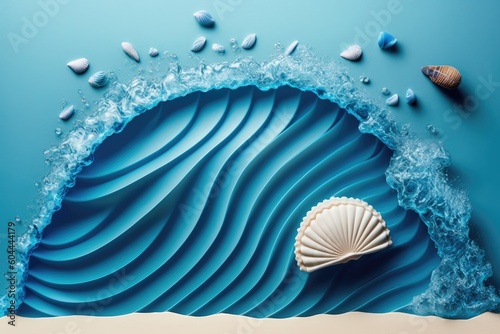 three-dimensional paper sculpture of a seashell on a blue background. Generative AI