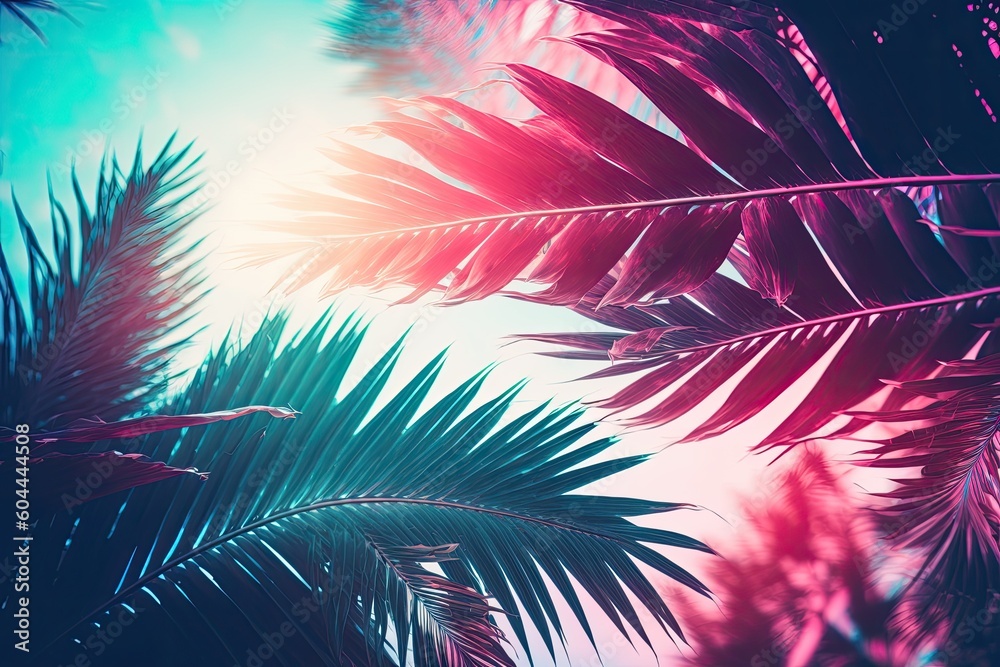 tropical palm tree with a vibrant sun in the background. Generative AI