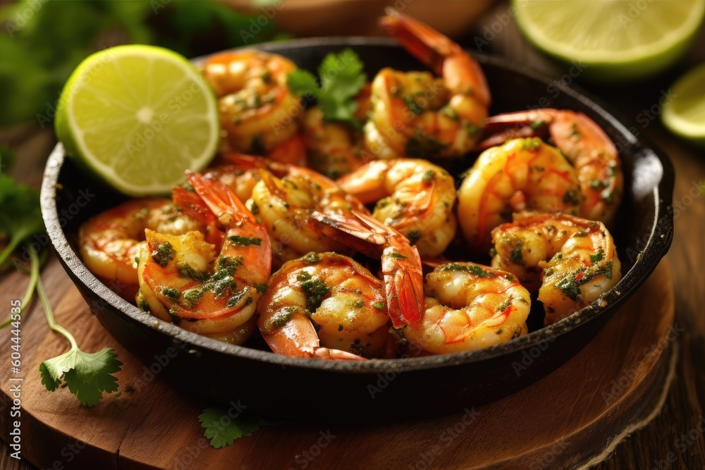 Sautéed lime and cilantro shrimps. Generative AI Sautéed lime and cilantro shrimps. Generative AI