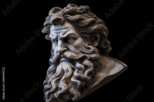 Enigmatic Greek God Sculpture with Majestic Long Beard on Dark Background, generative AI