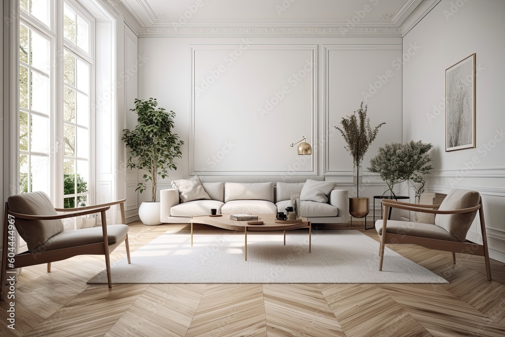 Living room with white walls, wooden floor, and wooden side table. Generative AI Living room with white walls, wooden floor, and wooden side table. Generative AI