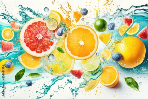 various fruits submerged in water. Generative AI