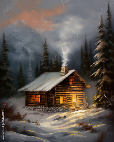 cozy cabin nestled in the snowy mountains, with smoke rising from the chimney and a warm glow emanating from the windows. Oil paint style, generative ai  © vvalentine