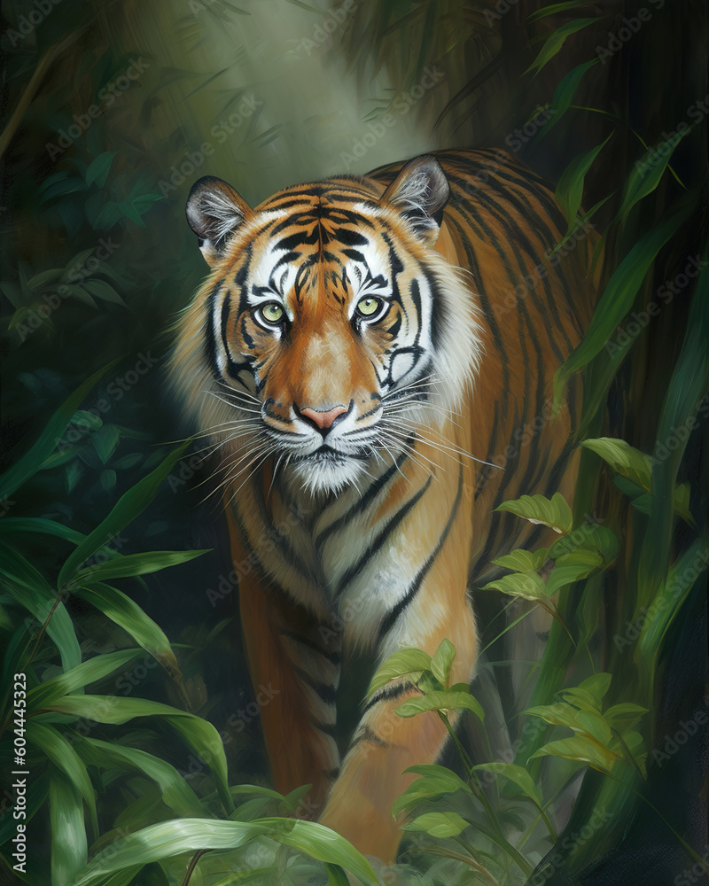 Fototapeta premium majestic tiger with piercing green eyes and black stripes, standing in a jungle setting. Oil paint style, generative ai 