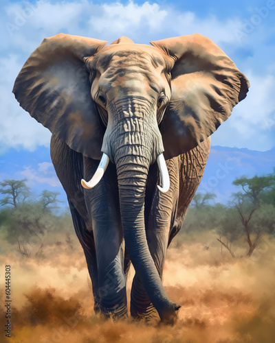 majestic elephant with large tusks, standing in an African savannah. Oil paint style, generative ai