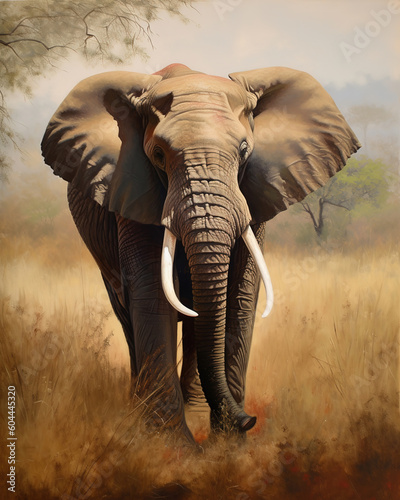 majestic elephant with large tusks, standing in an African savannah. Oil paint style, generative ai