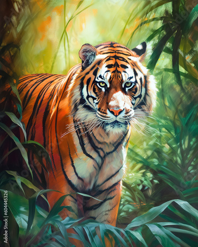 majestic tiger with piercing green eyes and black stripes, standing in a jungle setting. Oil paint style, generative ai 