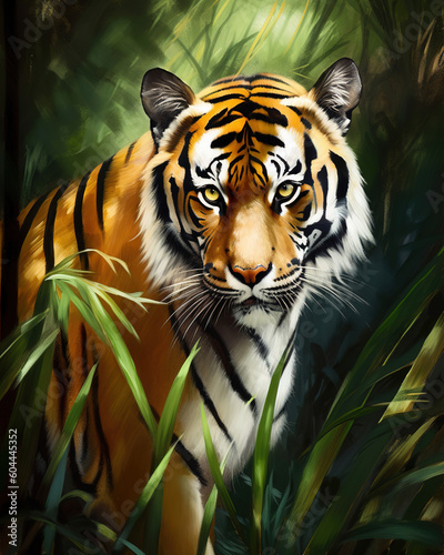 majestic tiger with piercing green eyes and black stripes  standing in a jungle setting. Oil paint style  generative ai 