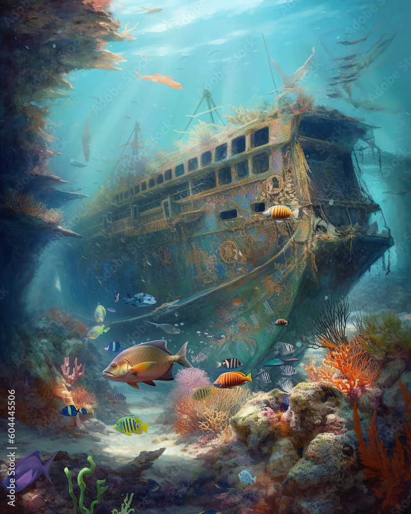 surreal underwater scene with colorful coral, tropical fish, and a shipwreck in the distance. Oil paint style, generative ai 