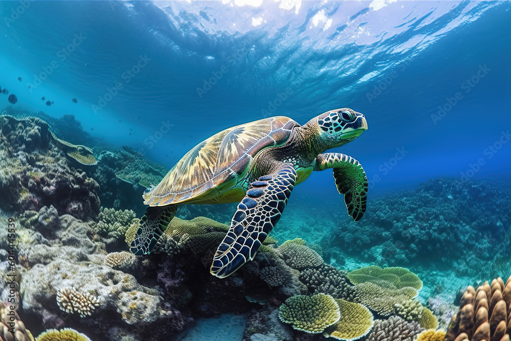 turtle swimming in the ocean surrounded by coral, sea turtles, generative ai 