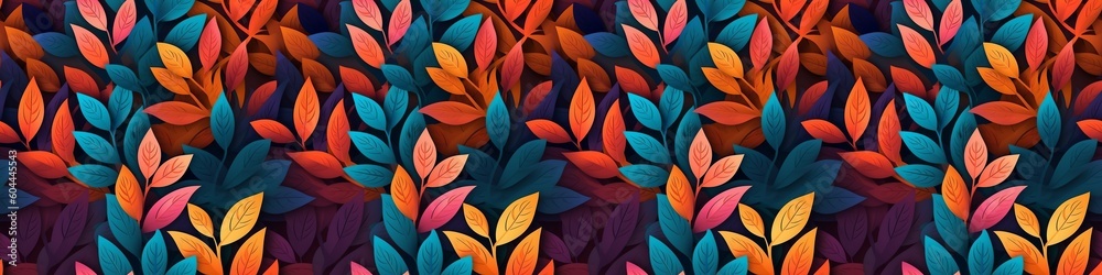 Abstract colorful paper cut overlapping paper texture background banner panorama illustration autumnal autumn  - Many floral leaves with gradient, top view, seamless pattern (Generative Ai)