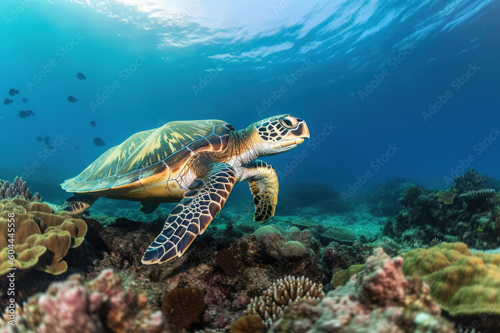 Fototapeta premium turtle swimming in the ocean surrounded by coral, sea turtles, generative ai 